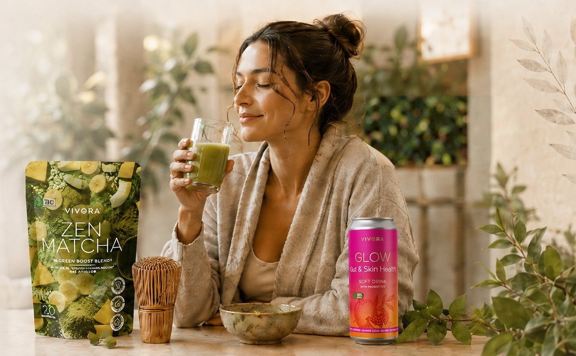 Жена по халат отпива зелено смути до опаковка VIVORA Zen Matcha и кен VIVORA Glow.